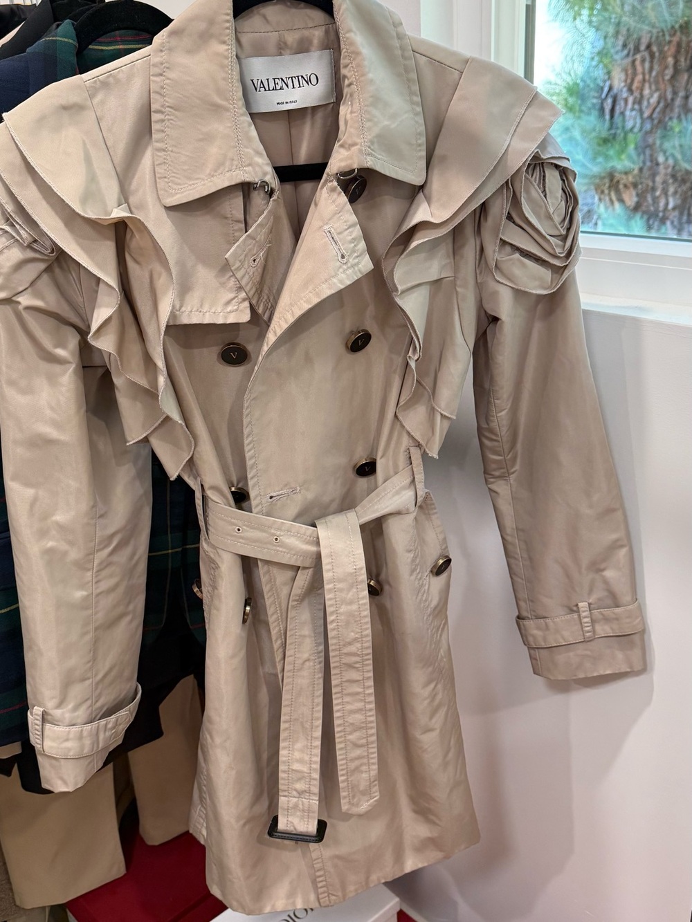 Vintage Valentino Beige Ruffle-Shoulder Double-Breasted Trench Coat